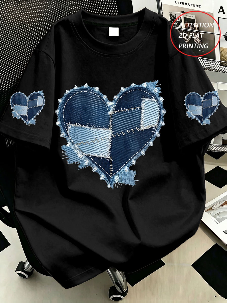 Plus Size, Plus Size Women's Casual Denim Patchwork Heart Print Crew Neck T-Shirt, Comfortable and Relaxed, Suitable for Summer Vacations, Beach, Holidays, Spring, Valentine's Day, Carnival Gifts - Black
