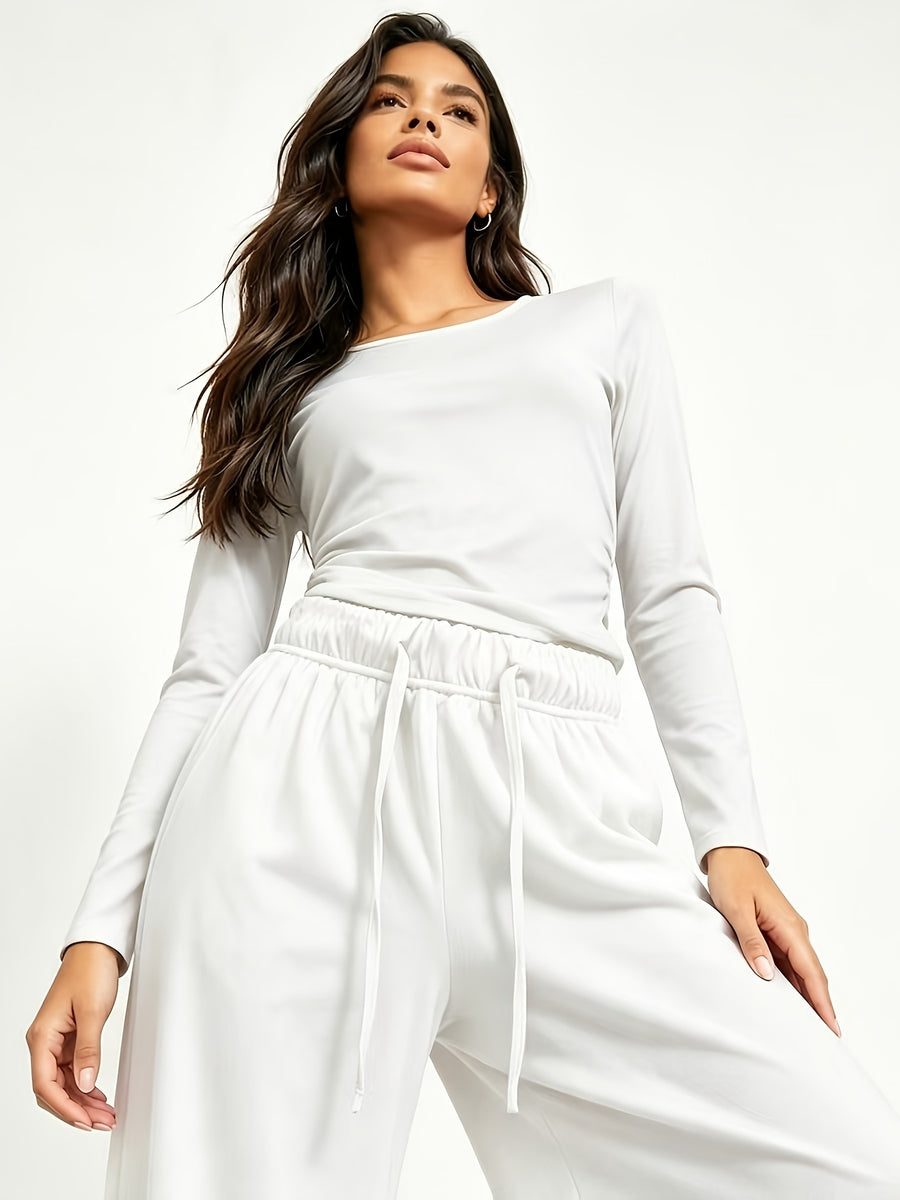 Women 2pcs Casual Outfit Set, Long Sleeve Round Neck Side Shirred Slim Top, Elastic Drawstring High Waist Wide Leg Loose Pants, Soft Fabric Daily Loungewear Walking Tracksuit - White