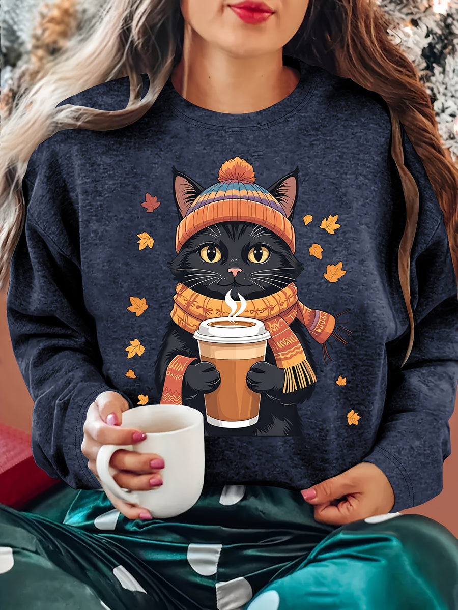 Women'S Winter Clothing Autumn And Winter Atmosphere Black Cat Holding a Cup of Hot Drink with Scattered Autumn Leaves Print Round Neck Long Sleeve T-Shirt Comfortable Soft Fashionable Elegant Vintage Casual Versatile Spring Summer Autumn Winter Spo - Royal Blue