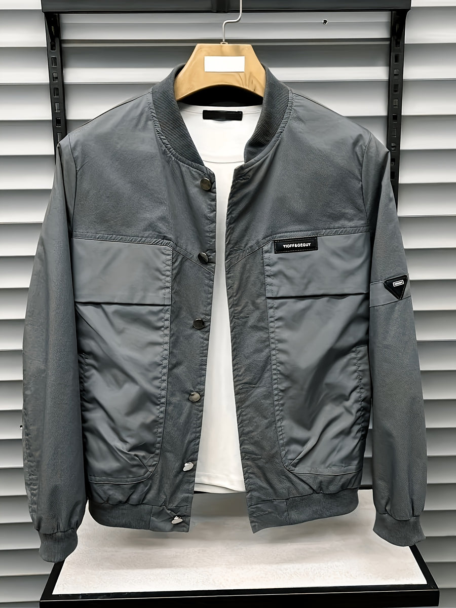 Men's Jacket Outerwear Spring/Autumn Top Workwear Patchwork Casual Trendy Baseball Jacket Short Versatile Style - Grey