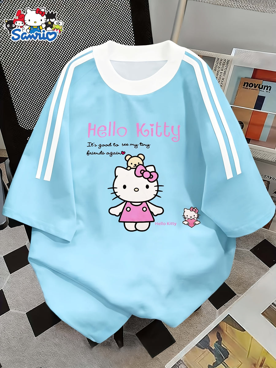 Sanrio Hello Kitty Cartoon Pattern Casual Fashion T-shirt from Sanrio, Black Contrasting Design, Round Neck Short Sleeved Shirt, Cute T-shirt, Perfect for Spring and Summer Casual Wear and Holiday Gifts - Powder blue