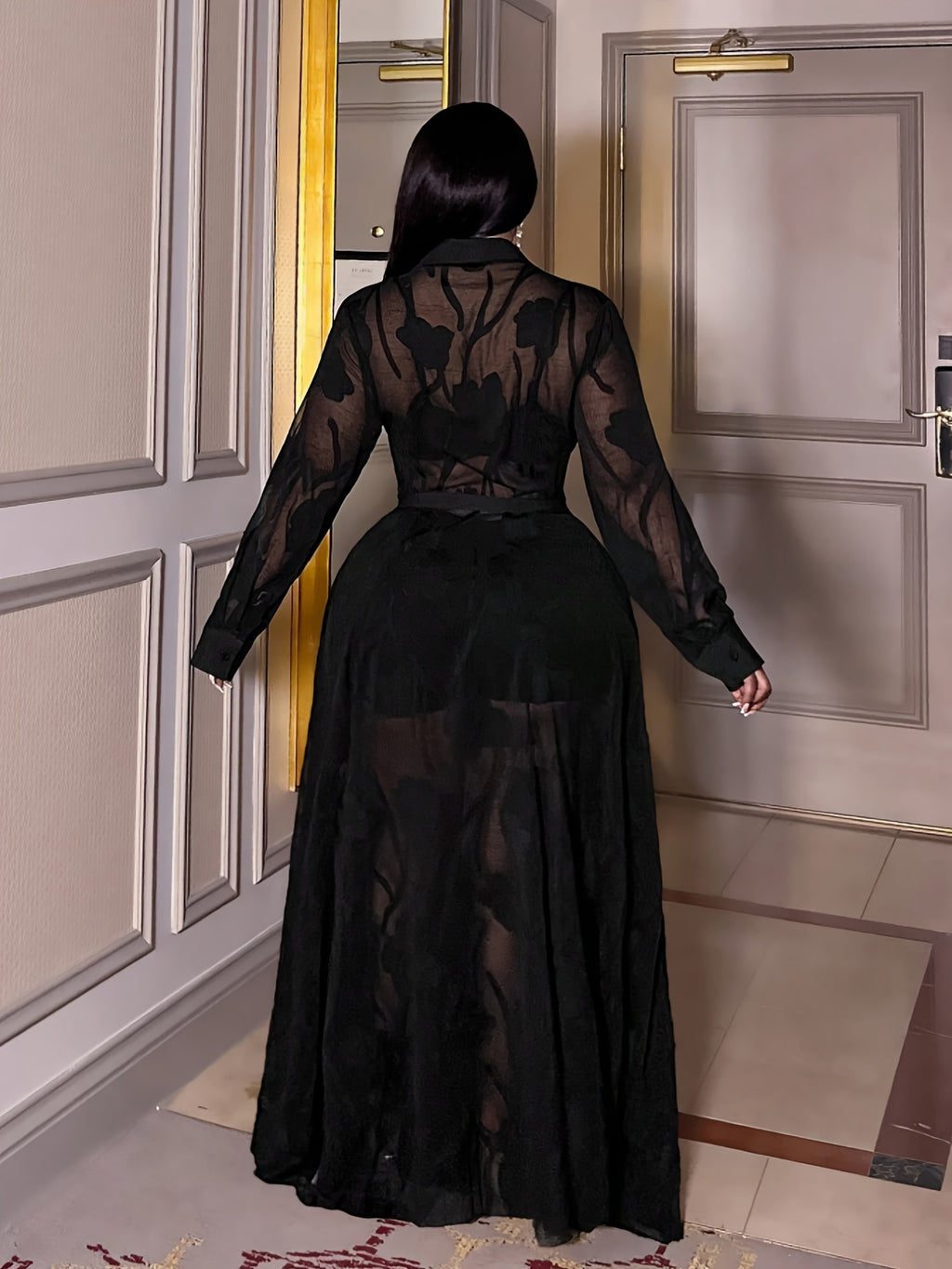 Plus Size Women'S Elegant Sexy Jacquard Lace Dress - Black