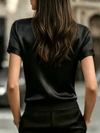 Women's Simple Round Neck Short Sleeve T-Shirt - Satin Texture, Ideal for Mother's Day & Independence Day Commute, Suitable for Spring & Summer Office & Casual Looks, Luxury Style Outfit - Black