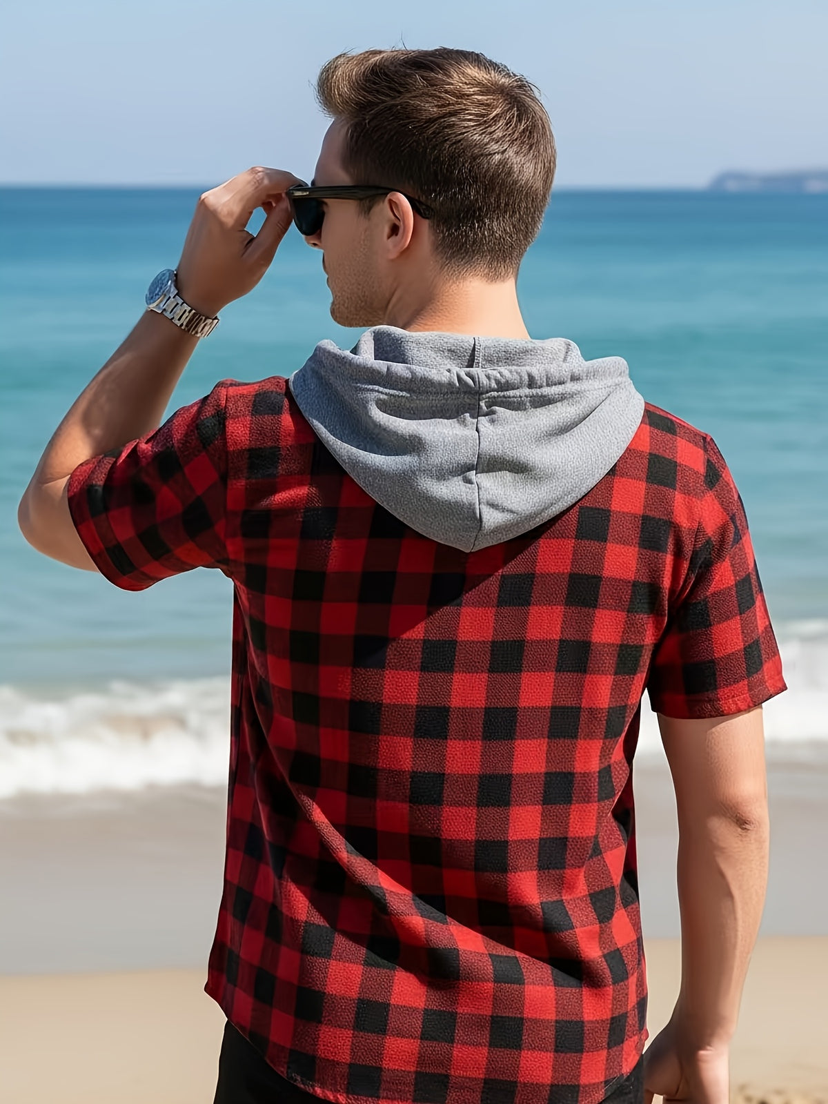 Men's Casual Plaid Hooded Short-Sleeve Hoodie, Summer Button Design, Suitable for Daily Outings, Casual Dates, and Trendy Summer Tops - Red Checkered