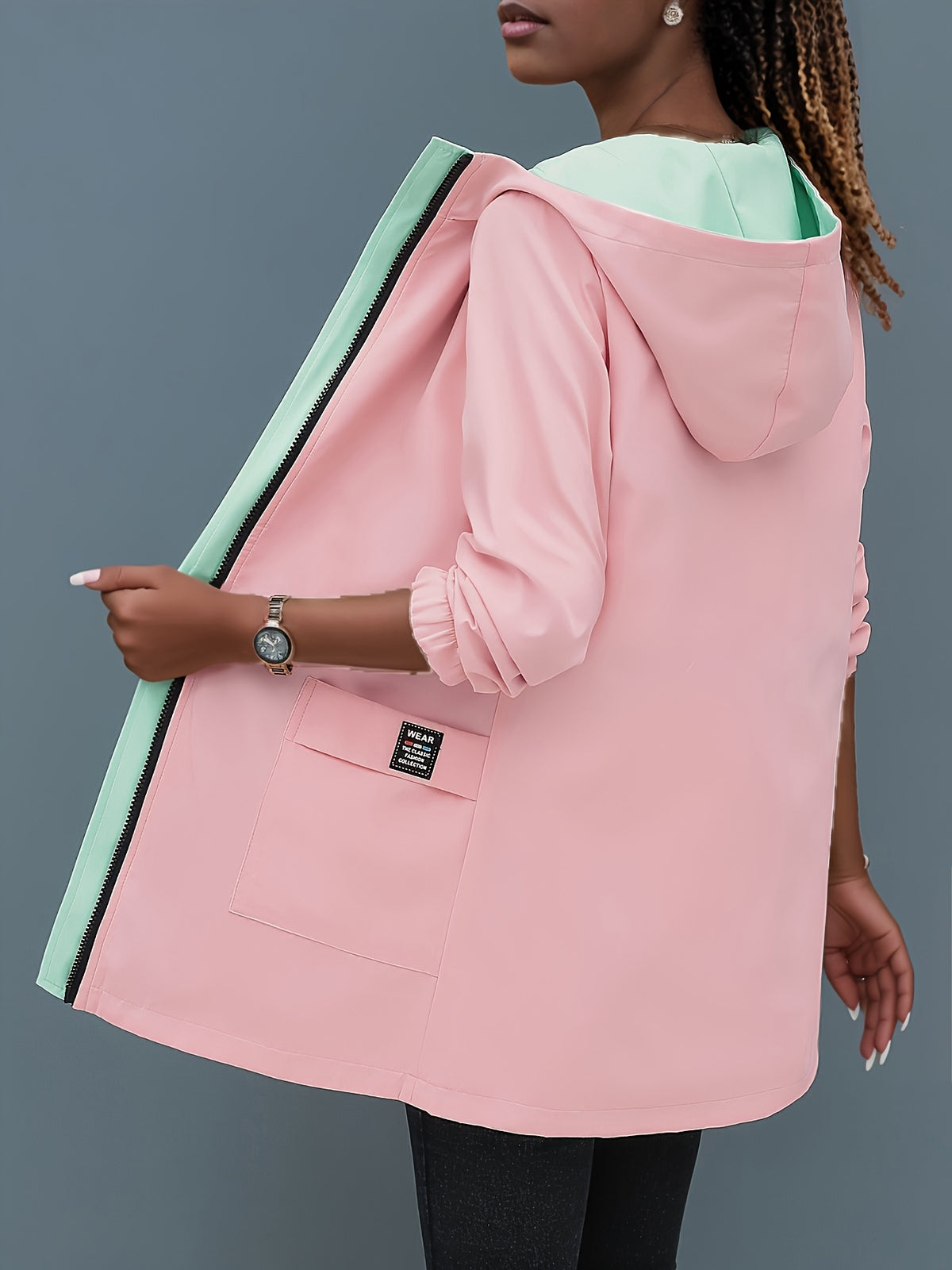 Women's Reversible Trench Coat Jacket - Belted Waist, Zippered Pockets & Hooded Suitable for Outdoors, Machine-Washable Lightweight Outerwear, Green/Pink Contrast or Solid Color Cardigan Coat, Adjustable Cinch for Spring/Autumn - Green
