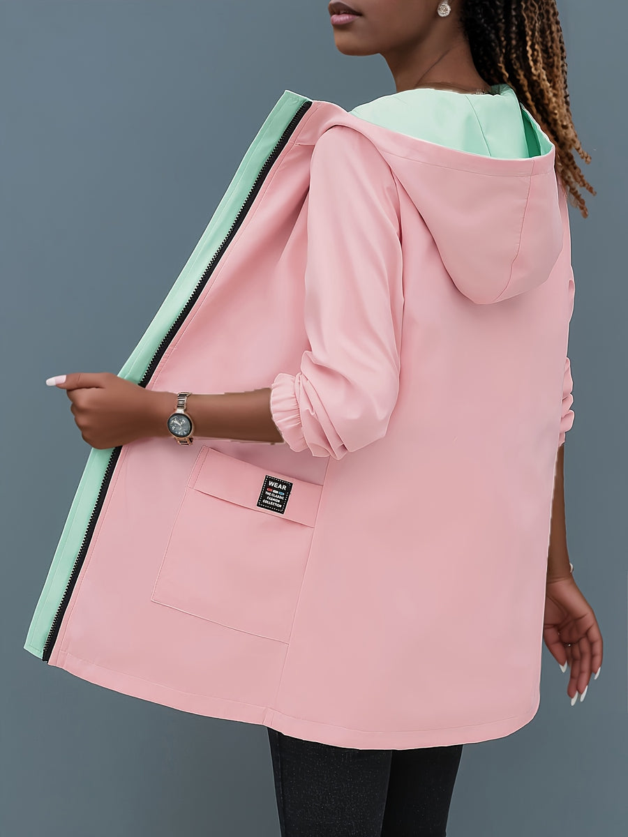 Women's Reversible Trench Coat Jacket - Belted Waist, Zippered Pockets & Hooded Suitable for Outdoors, Machine-Washable Lightweight Outerwear, Green/Pink Contrast or Solid Color Cardigan Coat, Adjustable Cinch for Spring/Autumn - Green