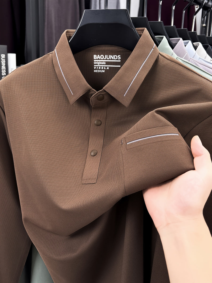 Autumn New Arrival Men's Fashion Long-Sleeve Polo Shirt, Versatile Casual Button- Lapel Seamless Men's Long-Sleeve Top, Suitable for Business Casual Outings, Dates, and Walks, an Essential Top for Casual Attire - Coffee Color