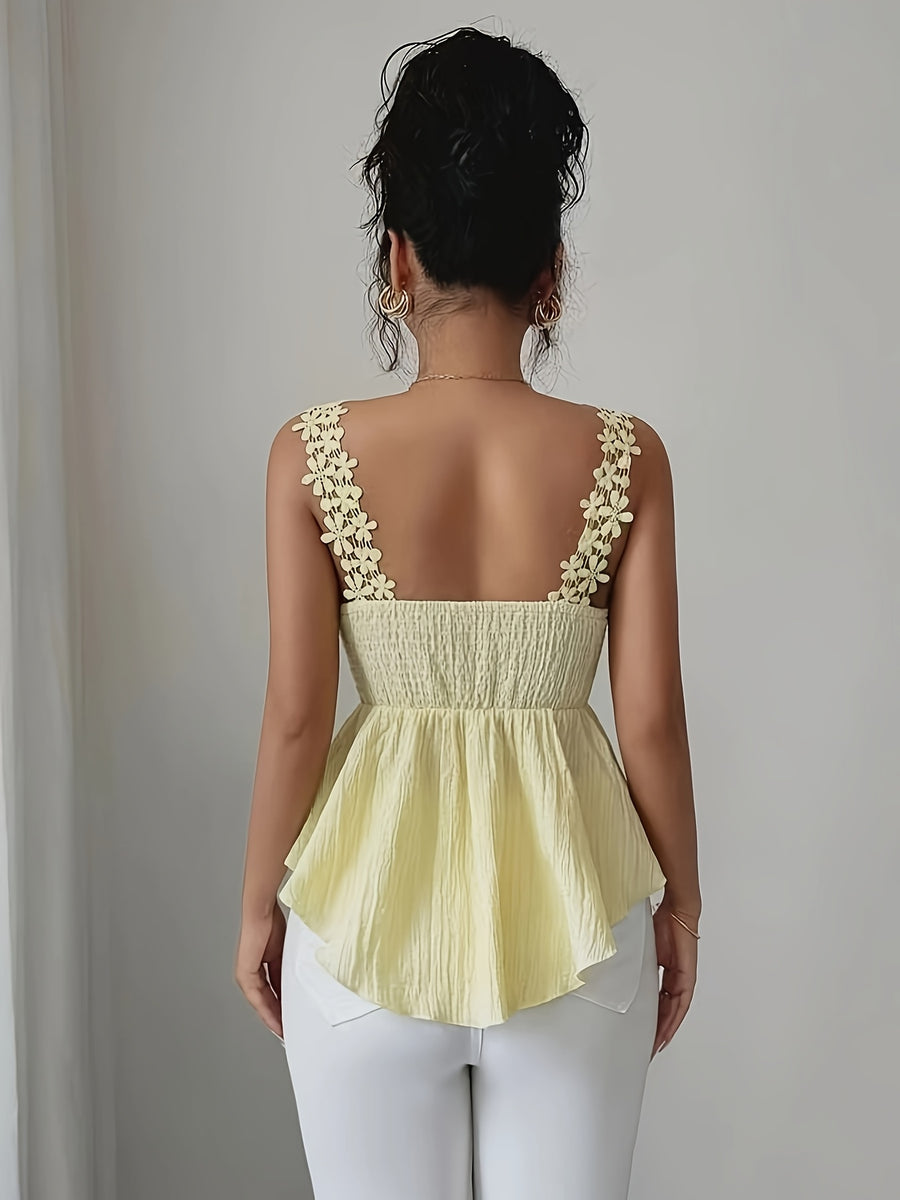 New Women's Lace Strap Camisole Top, Elegant Top, Spring/Summer New Ruffled Hem Stretch Waist Elegant Shirt, Women's Summer Top, Elegant and High-End (zzy Spring/Summer) - 【Light Yellow】