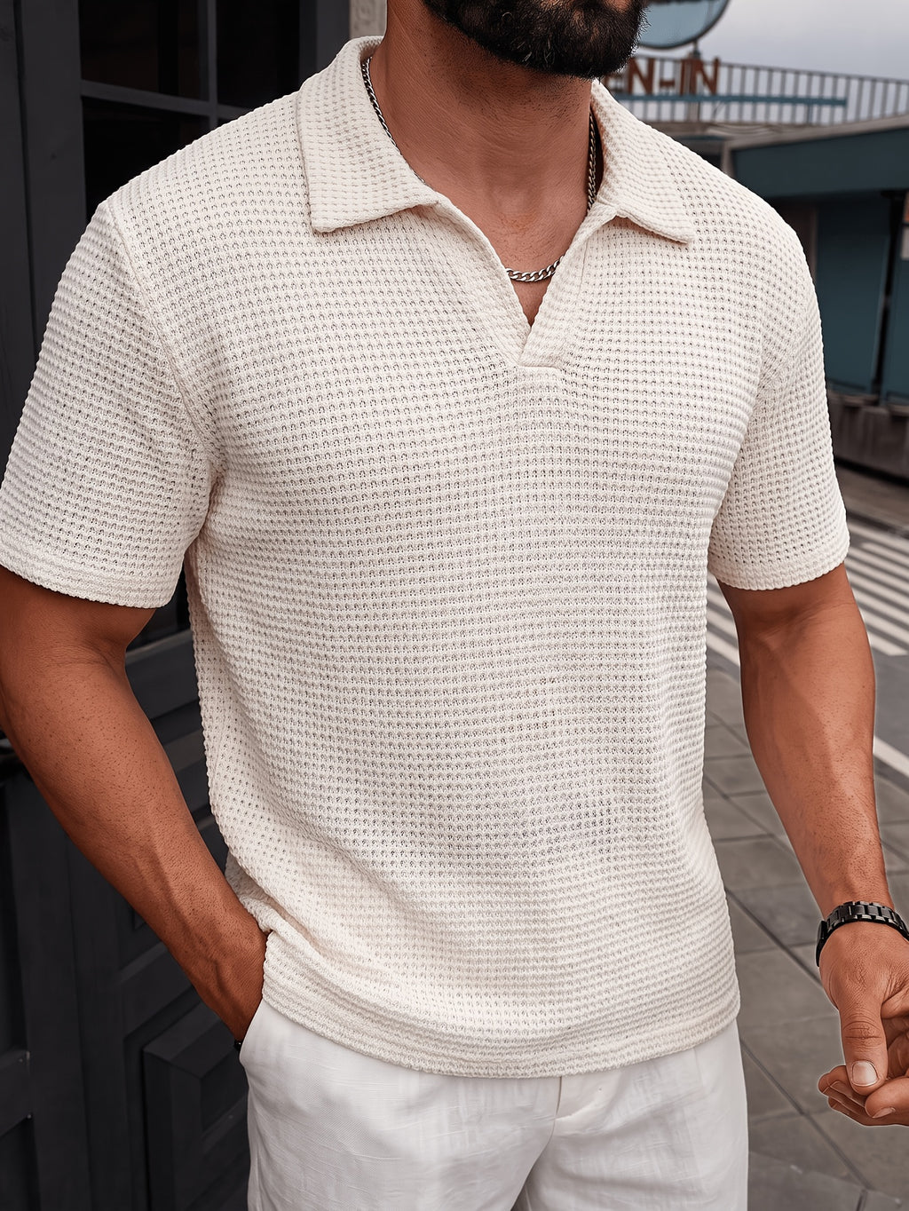 Men's Polo Shirt Short Sleeve Summer Apparel, Hollow-Out Buttonless Thin Mesh Semi-Transparent Knitted Sweater, Casual Fashion Sport Top - Apricot