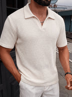 Men's Polo Shirt Short Sleeve Summer Apparel, Hollow-Out Buttonless Thin Mesh Semi-Transparent Knitted Sweater, Casual Fashion Sport Top - Apricot