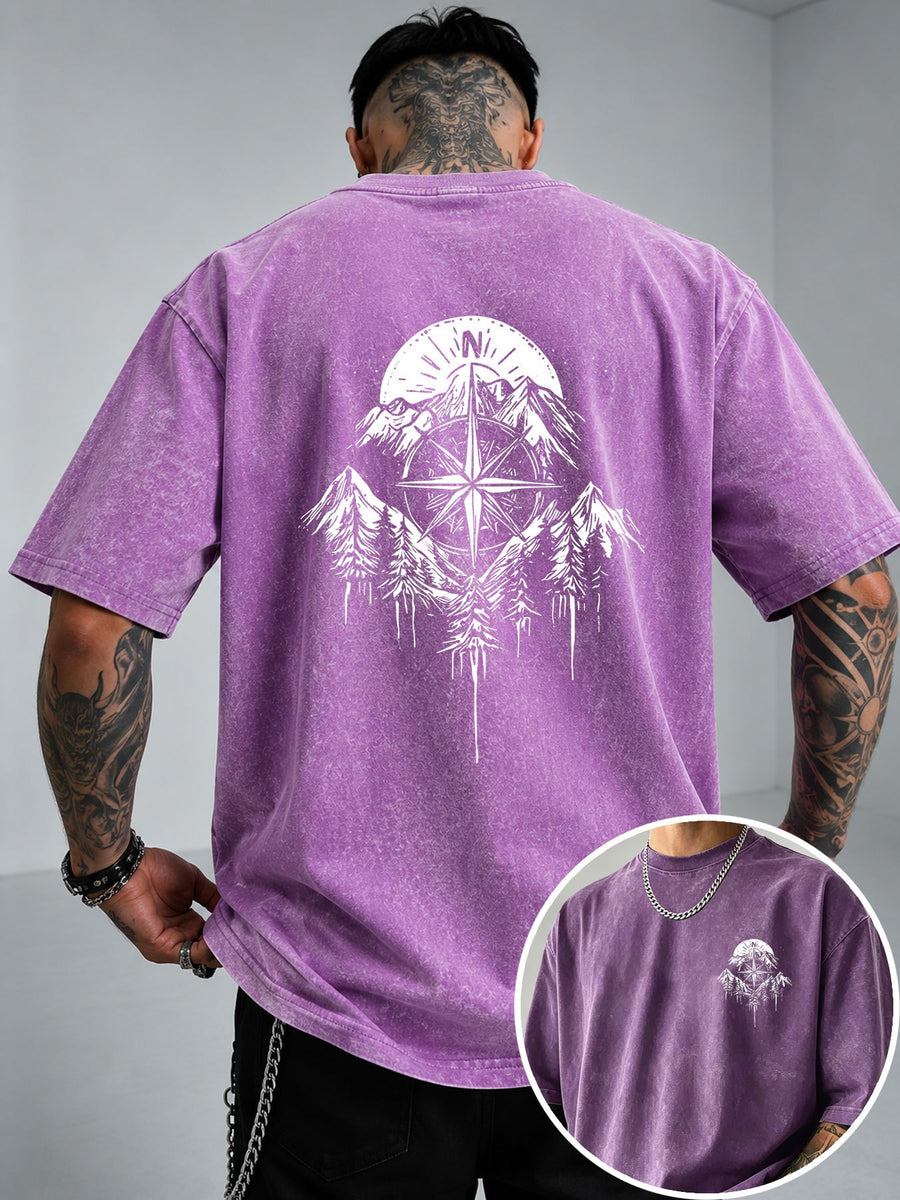 Men's Vintage Washed Heavyweight Pure Cotton Short-Sleeve T-Shirt with Nordic Compass Scenery and Mountain Forest Pine Tree Line Art Print - Violet
