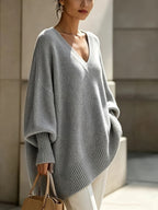 Plus Size - French Casual Style Plus Size V-Neck Sweater Women'S Loose Batwing Sleeve Solid Soft Pullover Sweater Autumn Winter Premium Top - Grey
