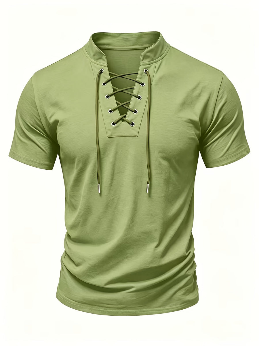 Summer Latest Men'S Individual Design Stand-Up Collar T-Shirt, Fashionable Western Style Trendy High Street Short Sleeve - Grass Green