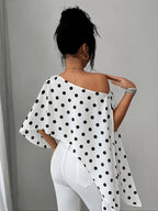 Women'S Elegant Fashion Polka Dot Print Casual Multi-Functional Asymmetrical Ruffled Collar Shirt, Casual Wear, Date, Party, Spring/Summer Polka Dot Top, White Polka Dot Top, Cute Cut-Out Off-Shoulder Top - White Dots