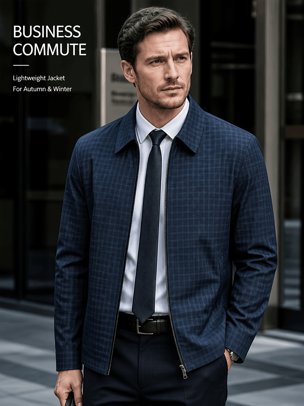 Men'S Lightweight Casual Lapel Full-Zip Jacket, Striped Checkered Soft Comfortable, Suitable for Daily, Outdoor, Travel And Business Casual Occasions - Navy Color
