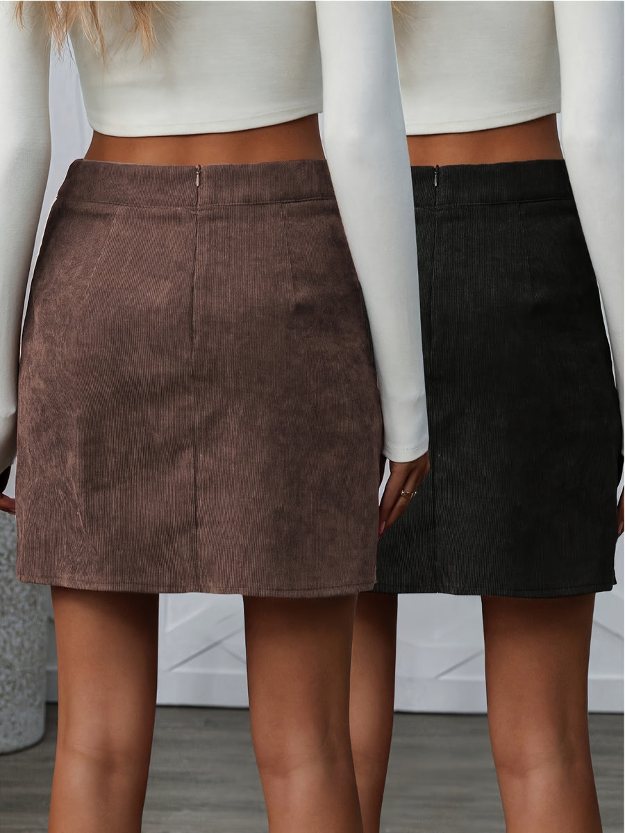Women's Corduroy Casual Side Button Slit Hem A-Line Skirt - Brown+Black