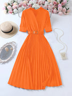 Summer Women'S Dress with Lapel V-Neck Puff Sleeves And Waist Cincher Pleated Maxi Skirt - Orange