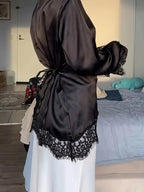 Women'S Elegant Commute Satin Blouse, Lace Panel Round Neck Long Sleeve Tie Waist Top, Solid Fabric Lace Panel Asymmetrical/Asymmetrical Design, Suitable for Elegant Office Daily Dates - Black