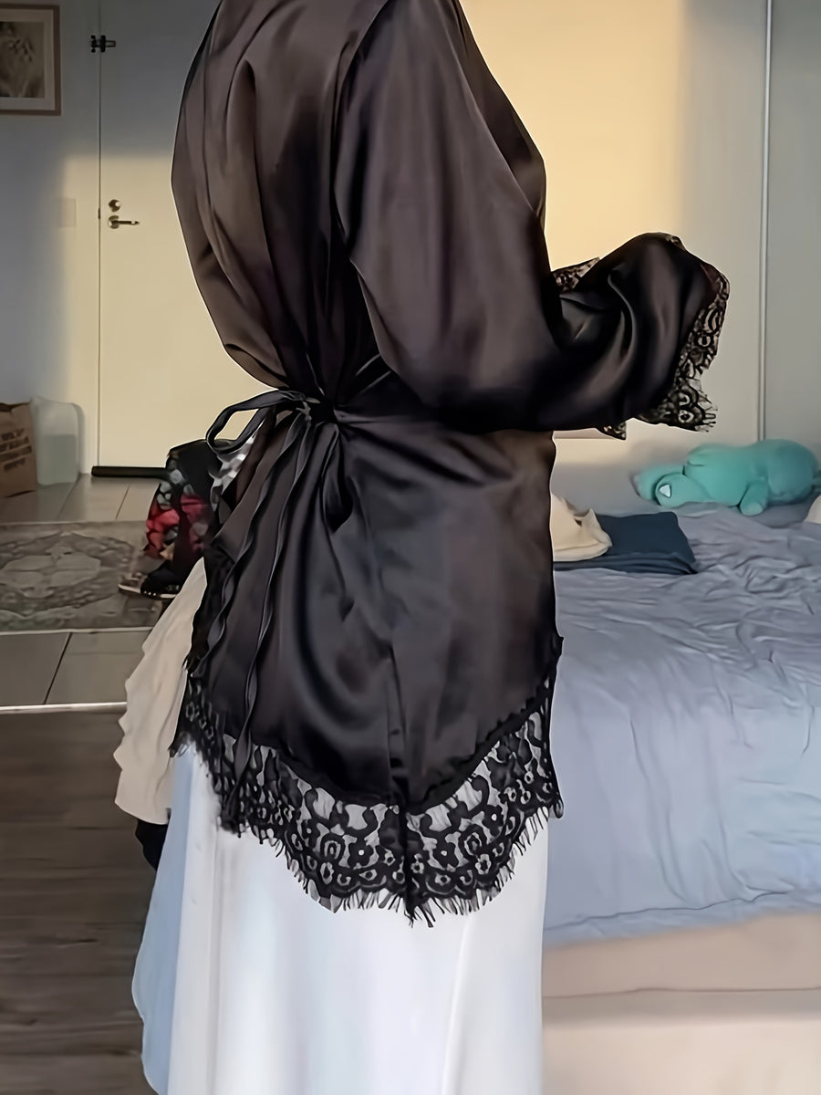 Women'S Elegant Commute Satin Blouse, Lace Panel Round Neck Long Sleeve Tie Waist Top, Solid Fabric Lace Panel Asymmetrical/Asymmetrical Design, Suitable for Elegant Office Daily Dates - Black