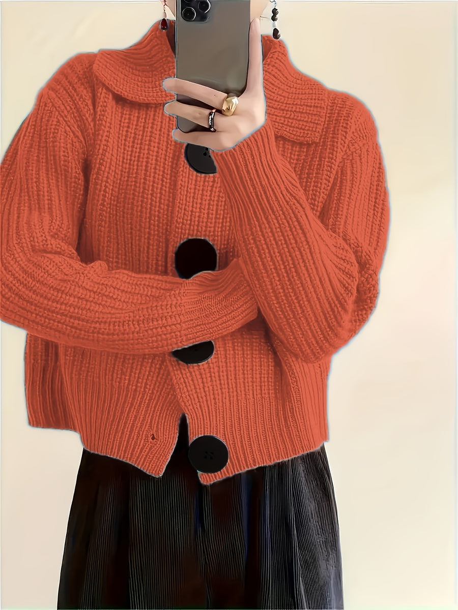Solid Color Button-Front Cardigan, Korean Style Short Outerwear, Elegant for Vacation, Daily Commute - Coral