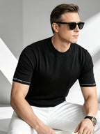 Business-casual Men's Crew Neck Short-sleeve Knit T-shirt, Slim-fit Lightweight and Breathable Knit Top, with Contrast-color Stitching and Letter Embroidery on the Cuffs, Suitable for Daily Wear, Office, and Weekend Outings in Summer - Black