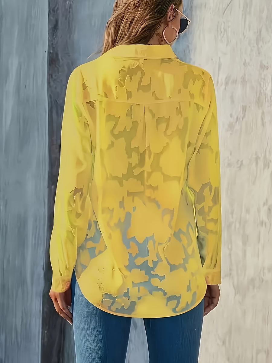Elegant Collar Button- Shirt - Solid Color Semi-Sheer Blouse, Lapel Collar Button Front, Machine Washable Year-Round Versatile Top for Casual & Professional Wear () - Special Line - Yellow