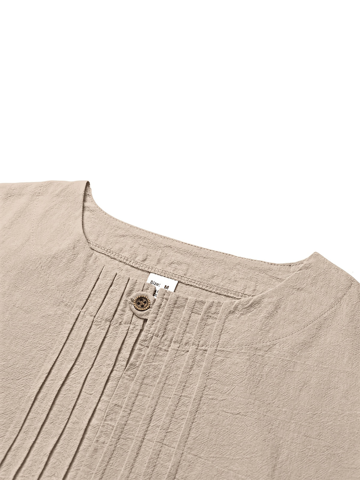 Men's Linen Pullover Shirt - Retro Vertical Pleat Collar & Round Neck, Loose Fit Long Sleeve Suitable for Daily Wear, Travel, Beach Outfits, Spring Summer Fall Casual Top, Machine Washable Solid Color Shirt - Khaki