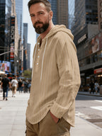 New Men'S All-Season Linen Shirt, Linen Striped Casual Long-Sleeve Hooded Top, Breathable And Comfortable, High Street Style - Khaki