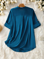Elegant Women's Simple Casual Daily Short-Sleeve Solid Color Shirt, Spring/Summer Fashion Casual Outing Shirt, BK0608018 - Sea Blue