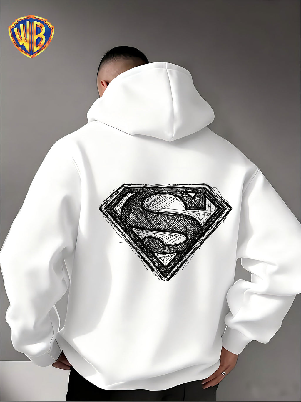 Warner Bros. Superman Sketch Print Hooded Sweatshirt, Men's Loose Fit Casual Top, Versatile and Comfortable Autumn/Winter Sweatshirt - White