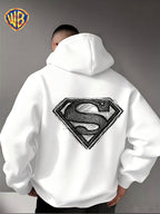 Warner Bros. Superman Sketch Print Hooded Sweatshirt, Men's Loose Fit Casual Top, Versatile and Comfortable Autumn/Winter Sweatshirt - White