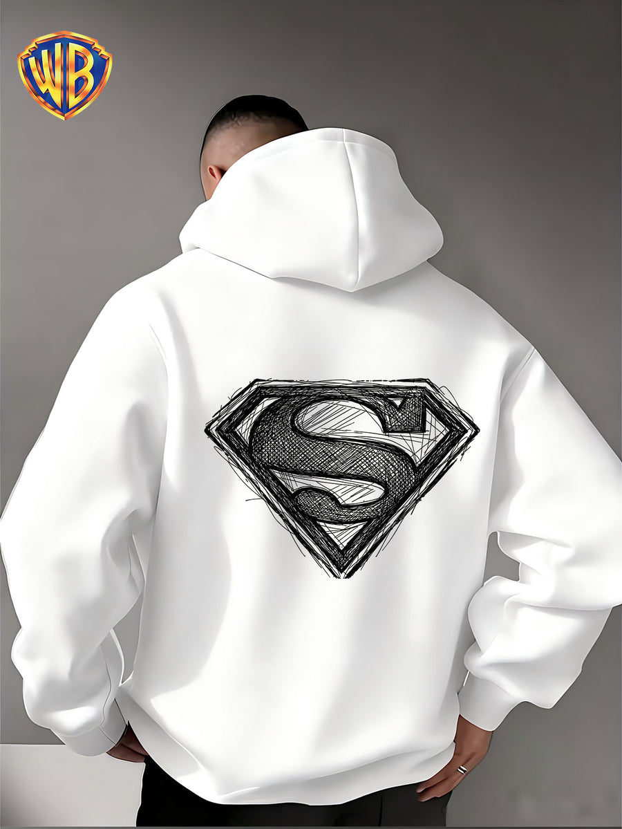 Warner Bros. Superman Sketch Print Hooded Sweatshirt, Men's Loose Fit Casual Top, Versatile and Comfortable Autumn/Winter Sweatshirt - White