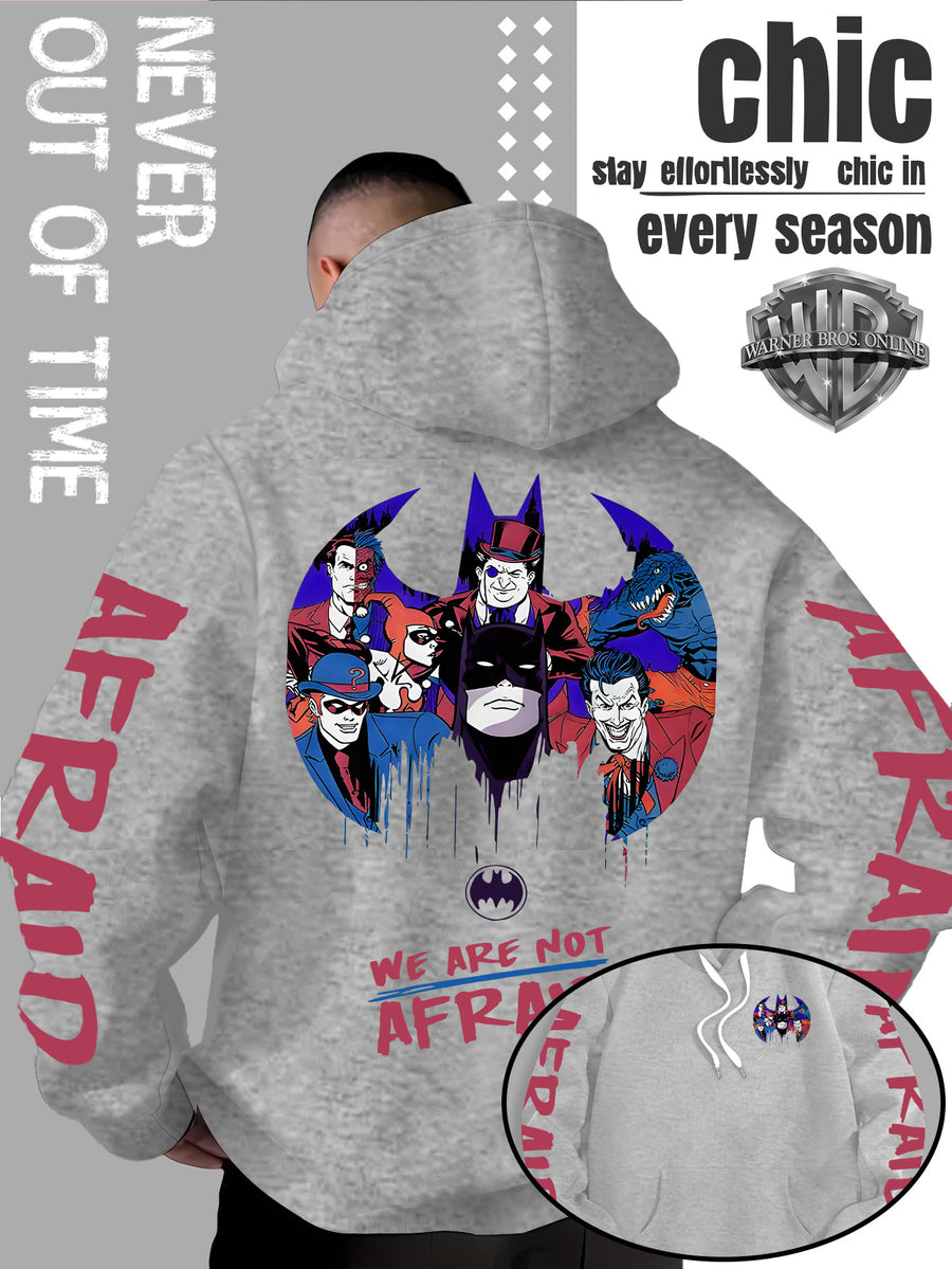 Men'S Batman Hooded Sweatshirt, Cool Graphic Print with Hero And Villain Characters, English Slogans And Sleeve Graffiti, Classic Meets American Dark Streetwear, Fall/Winter Comfortable Long Sleeve, Trendy Street Style for Men - Light Grey