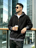 Men'S Fashion Hooded Color-Block Waffle Jacket, Zipper with Drawstring Coat, Suitable for Daily Commute, Outdoor Casual Sports Jacket - Black