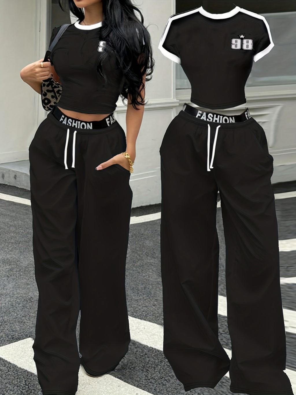 European And American Hot Style Black And White Color Block Striped Short Top + Letter Waistband Wide-Leg Pants Women'S Two-Piece Set - Black
