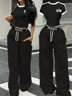 European And American Hot Style Black And White Color Block Striped Short Top + Letter Waistband Wide-Leg Pants Women'S Two-Piece Set - Black