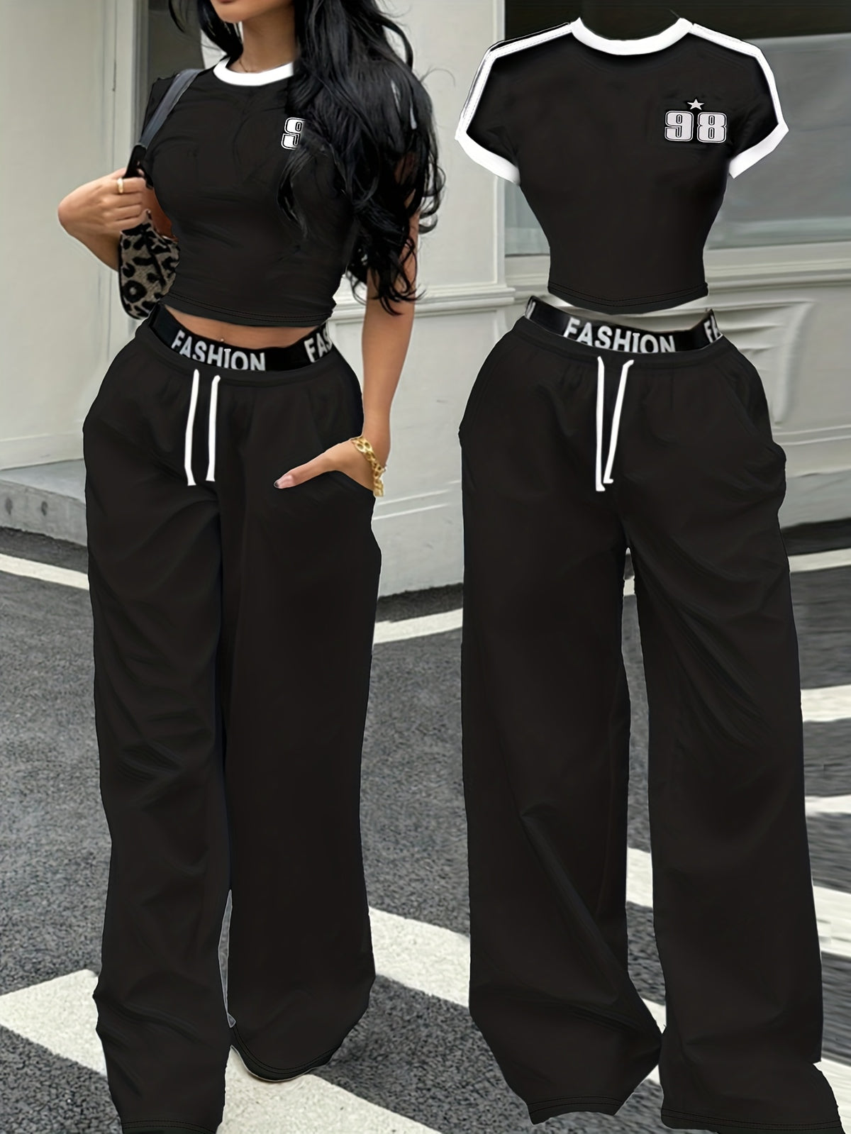 European And American Hot Style Black And White Color Block Striped Short Top + Letter Waistband Wide-Leg Pants Women'S Two-Piece Set - Black