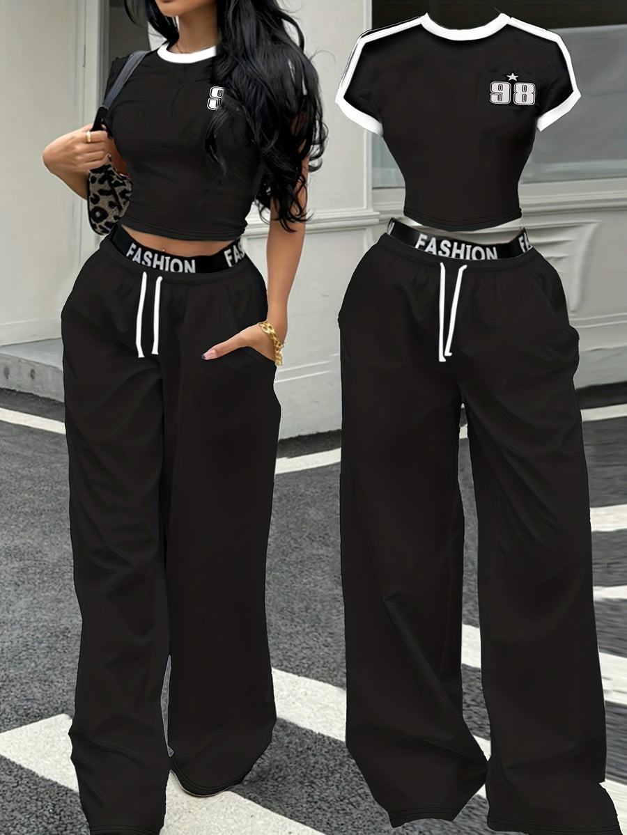 European And American Hot Style Black And White Color Block Striped Short Top + Letter Waistband Wide-Leg Pants Women'S Two-Piece Set - Black