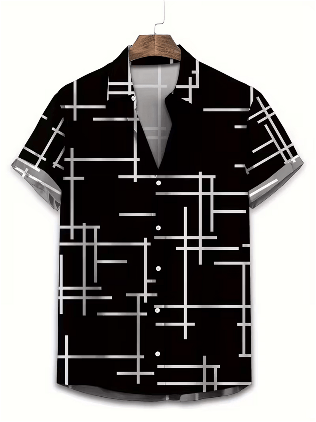 Men's Minimalist Geometric Short-Sleeve Shirt, Cool Street Style, All-Over Black and White Contrasting Line Print, Loose Fit Top, Suitable for Streetwear, Casual, and Daily Wear - Mixed colors