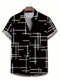 Men's Minimalist Geometric Short-Sleeve Shirt, Cool Street Style, All-Over Black and White Contrasting Line Print, Loose Fit Top, Suitable for Streetwear, Casual, and Daily Wear - Mixed colors