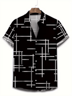 Men's Minimalist Geometric Short-Sleeve Shirt, Cool Street Style, All-Over Black and White Contrasting Line Print, Loose Fit Top, Suitable for Streetwear, Casual, and Daily Wear - Mixed colors