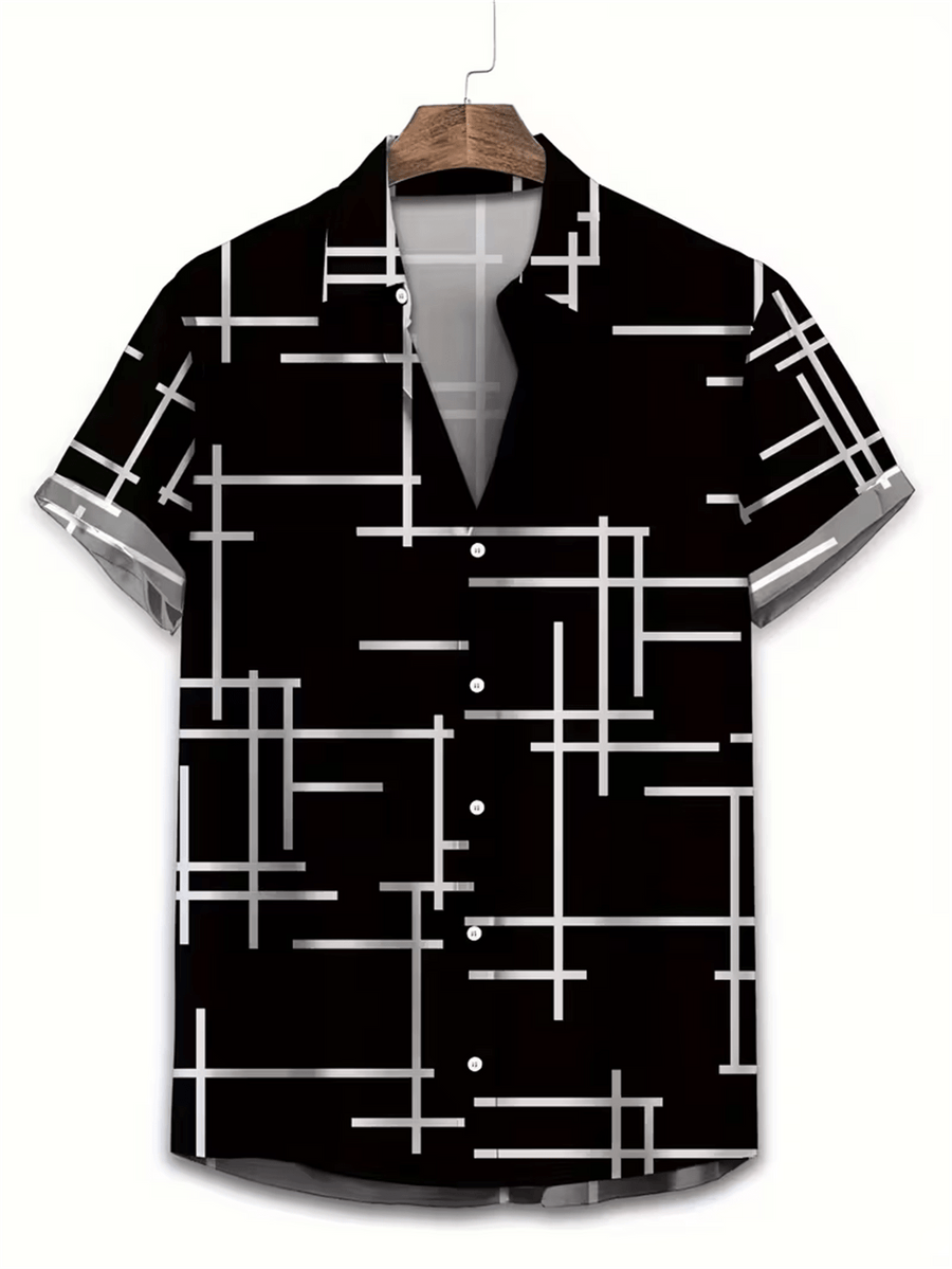 Men's Minimalist Geometric Short-Sleeve Shirt, Cool Street Style, All-Over Black and White Contrasting Line Print, Loose Fit Top, Suitable for Streetwear, Casual, and Daily Wear - Mixed colors