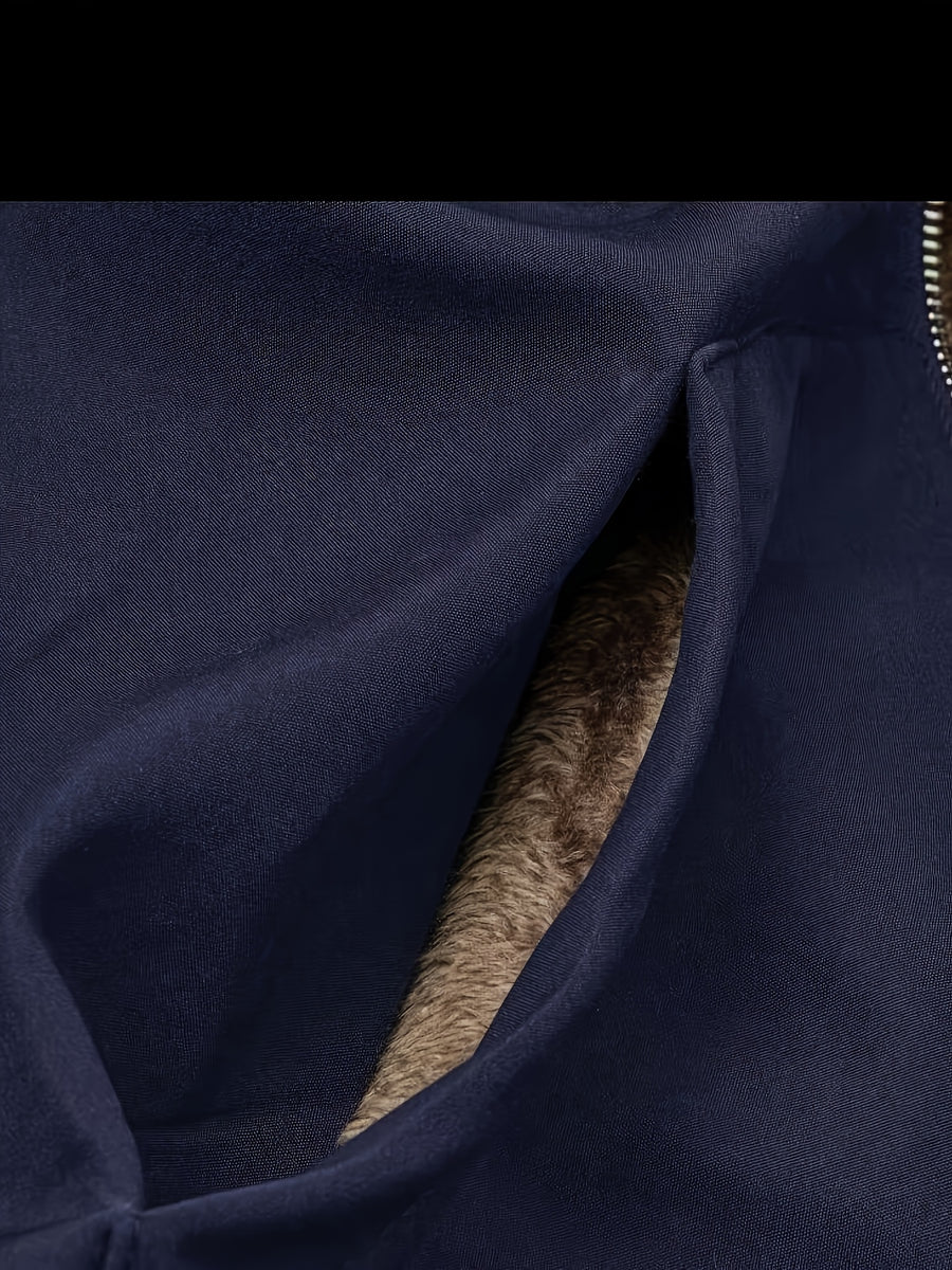 Solid Color Thermal Lined Hooded Jacket for Autumn/Winter Warmth and Casual Wear - Navy Color