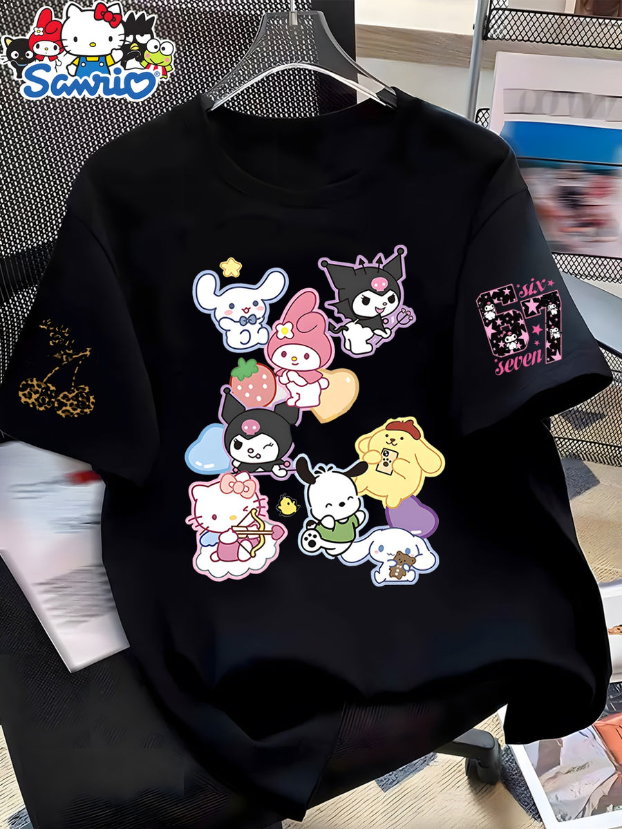 New Summer Cross-Border European and American Women's Short-Sleeve T-Shirt, Cute Cartoon Sanrio Co-Branded Print, Loose Fit Round Neck Short-Sleeve Casual Top, Comfortable and Stylish Swear and , Multiple Color Options, Easygoing Style - Black