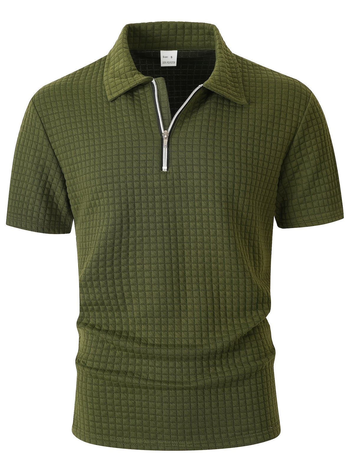 Men's Waffle Knit Half-Zip Polo Shirt, Loose Fit Solid Color Versatile Short Sleeve - fern green