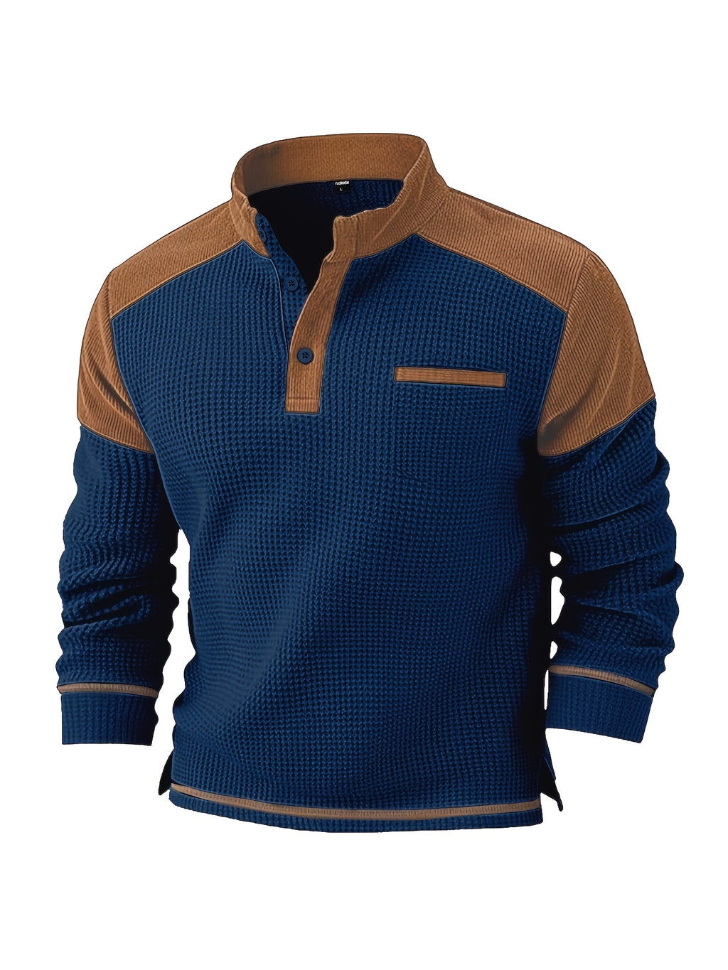 Men's American-style Casual Stand-up Collar Shirt with a Half-opening Button Placket Design, Retaining the Smart and Neat Look of a Stand-up Collar. The Addition of Two Buttons Enhances the Layered Style and Breathability. The Shoulders - Navy Color