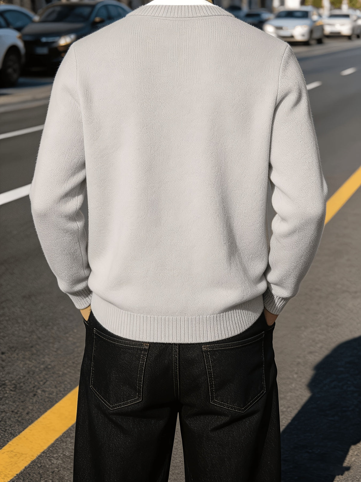 Men'S Thickened Button-Up Knit Sweater Off-Shoulder Sleeve Solid Color Pullover Top, Light Mature Casual Style, Winter Daily Commute Inner Outerwear Sweater - Apricot