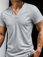 Men's Waffle Knit V-Neck Short Sleeve T-Shirt, Summer Slim Fit Breathable Casual Top, Trendy Half Open Collar - Space Gray