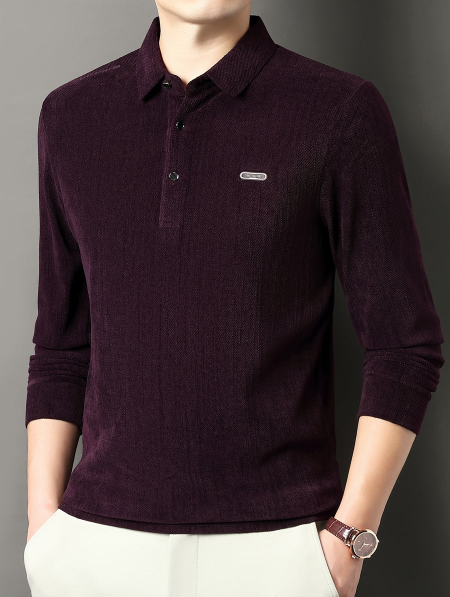 Men's Spring/Autumn Lightweight Knitted Long-Sleeve Polo Shirt with Vertical Stripe Texture, Lapel Collar, Three-Button Placket, Business Casual Versatile Base Layer Top for Middle-Aged Men - Burgundy