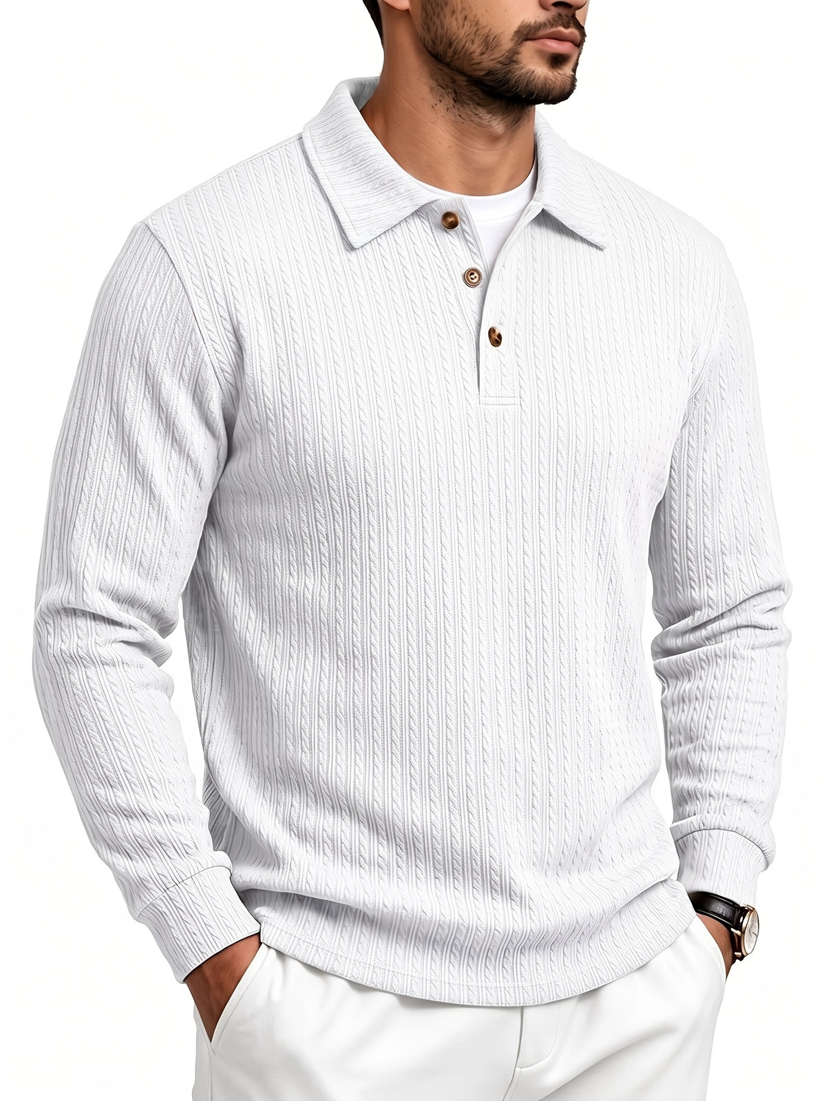 Men'S Casual Jacquard Polo Shirt, Autumn Easy Style Elastic Long Sleeve Textured Fabric Slim Fit Base Layer Top - White